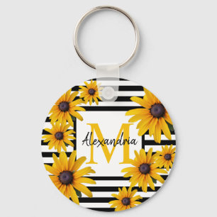 Yellow Black-Eyed Susan Monogram Black Stripe Key Ring