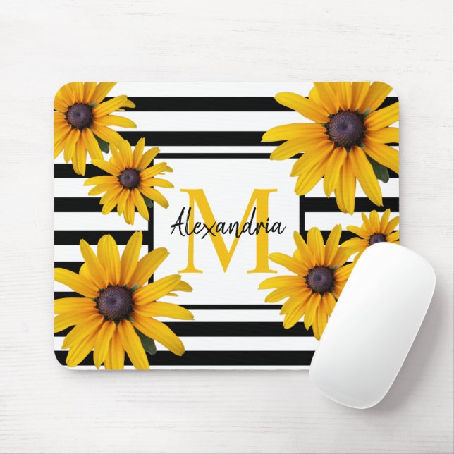 Yellow Black-Eyed Susan Monogram Black Stripe Mouse Pad (With Mouse)