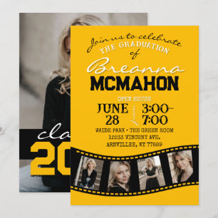 Yellow & Black Filmstrip 5 Photo Graduation Invitation