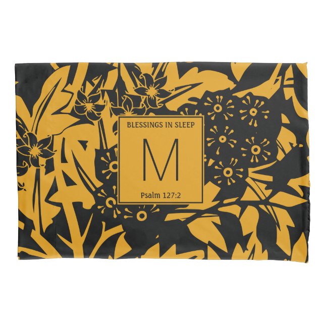 Yellow Black Floral Monogram Pillow Case (Front)