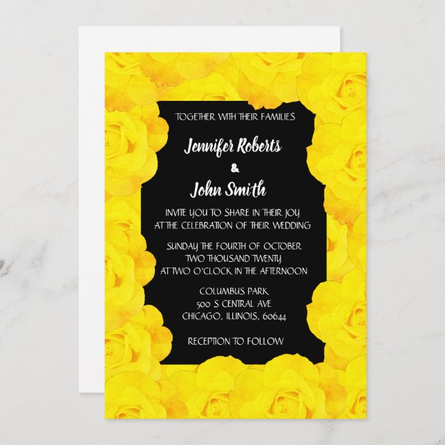 Yellow Black Floral QR Code Rose Flowers Wedding Invitation (Front/Back)