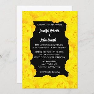 Yellow Black Floral QR Code Rose Flowers Wedding Invitation