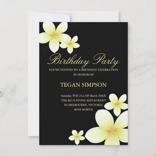 Yellow & Black Frangipani Birthday Invite (Front)