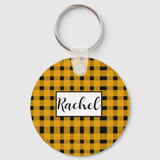 Yellow Black Gingham Personalised Key Ring (Front)