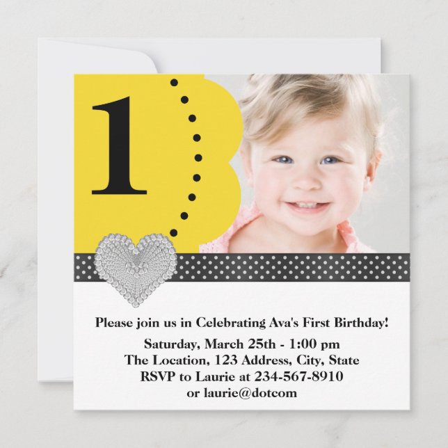 Yellow Black Girls Photo 1st Birthday Party Invitation (Front)