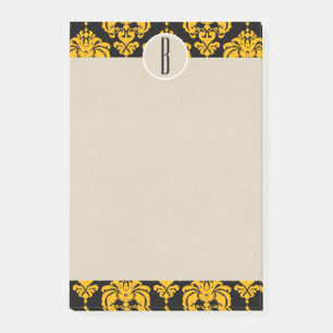 Yellow Black Glam Damask Kraft Monogram Initial Post-it Notes