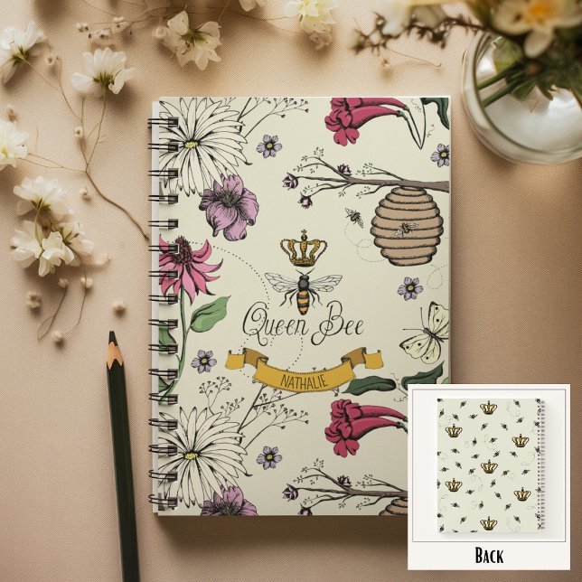 Yellow, Black & Gold Queen Bee, Crown & Scroll Notebook (Chic Queen Bee Custom Notebook
Front: Personalized Name or Message
Back: Fun Queen Bee & Crown Print)