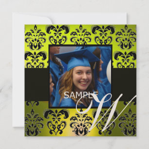 YELLOW BLACK GRADUATION DAMASK  MONOGRAM champagne Invitation