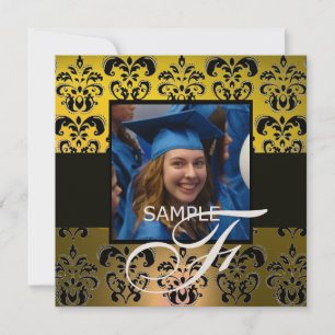 YELLOW BLACK GRADUATION DAMASK  MONOGRAM champagne Invitation