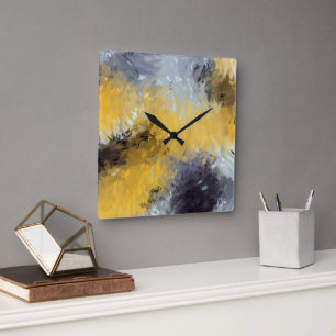 Yellow Black Gray White Abstract Brushstrokes Square Wall Clock