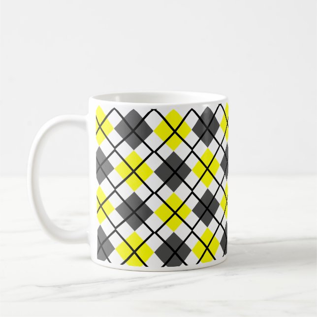Yellow, Black, Grey on White Argyle Print Mug (Left)