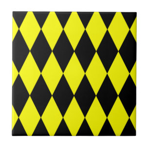 Yellow Black Harlequin Diamonds Checkers Design Ceramic Tile