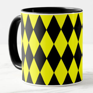 Yellow Black Harlequin Diamonds Checkers Design Mug
