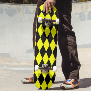 Yellow Black Harlequin Diamonds Checkers Design Skateboard