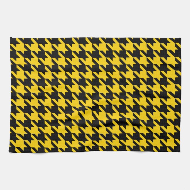 Yellow Black Houndstooth Check Tea Towel (Horizontal)