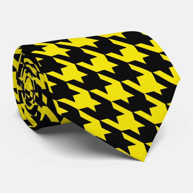Yellow & Black Large Houndstooth Check Tie (Rolled)