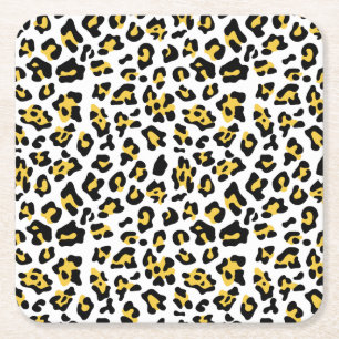 Yellow Black Leopard Animal Print Pattern Square Paper Coaster