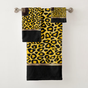 Yellow & Black Leopard Pattern with Monogram Bath Towel Set