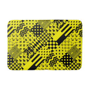 Yellow Black Mixed Patterns Patchwork Design  Bath Mat