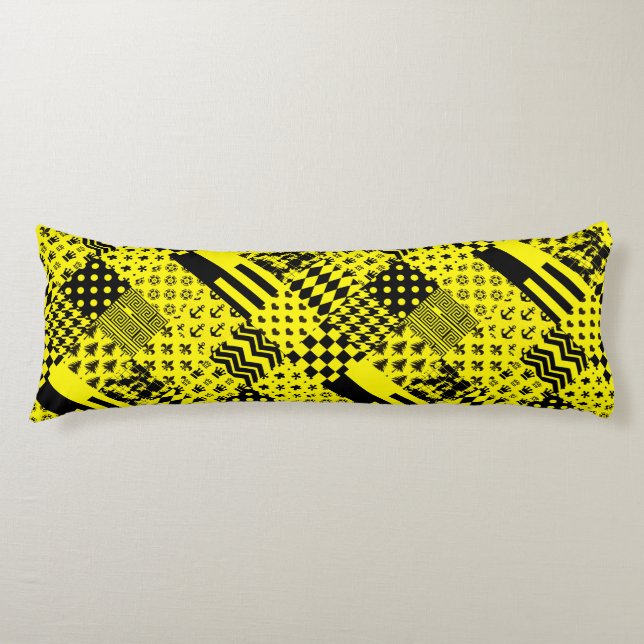 Yellow Black Mixed Patterns Patchwork Design  Body Cushion (Front)