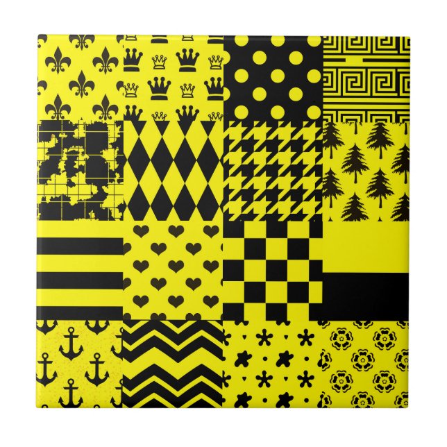 Yellow Black Mixed Patterns Patchwork Design  Ceramic Tile (Front)
