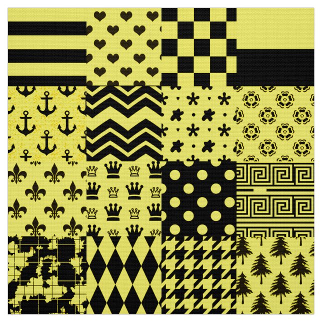Yellow Black Mixed Patterns Patchwork Design  Fabric (Swatch)