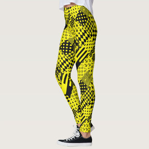 Yellow Black Mixed Patterns Patchwork Design  Leggings