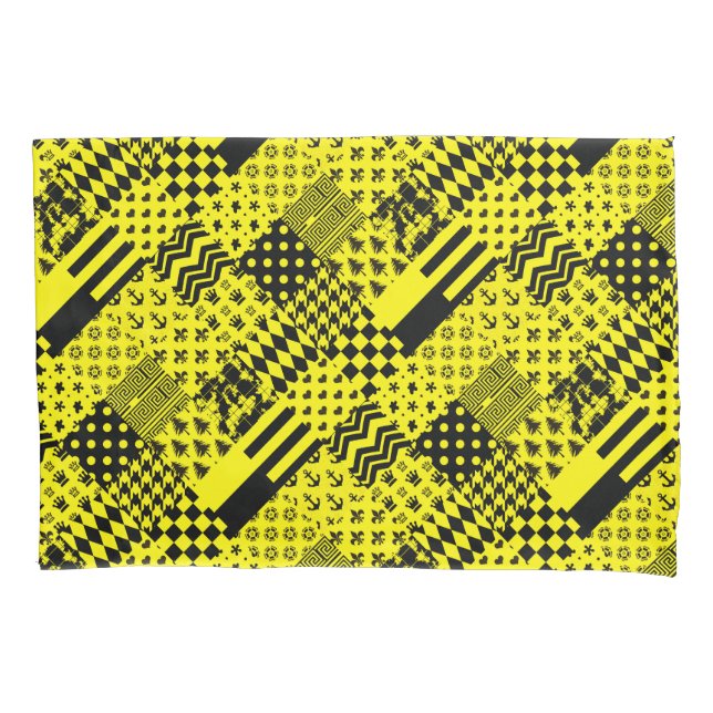 Yellow Black Mixed Patterns Patchwork Design  Pillowcase (Front)