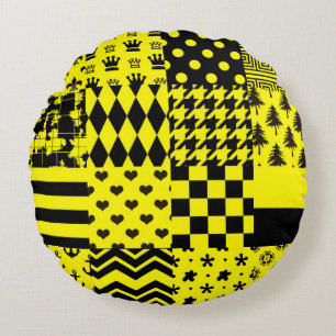 Yellow Black Mixed Patterns Patchwork Design Round Cushion