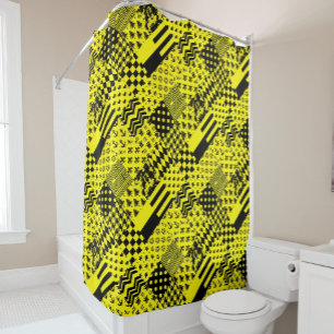 Yellow Black Mixed Patterns Patchwork Design Shower Curtain