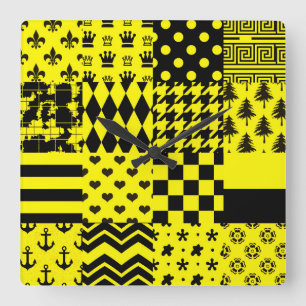 Yellow Black Mixed Patterns Patchwork Design  Square Wall Clock
