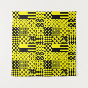Yellow Black Mixed Patterns Patchwork Design Tapestry