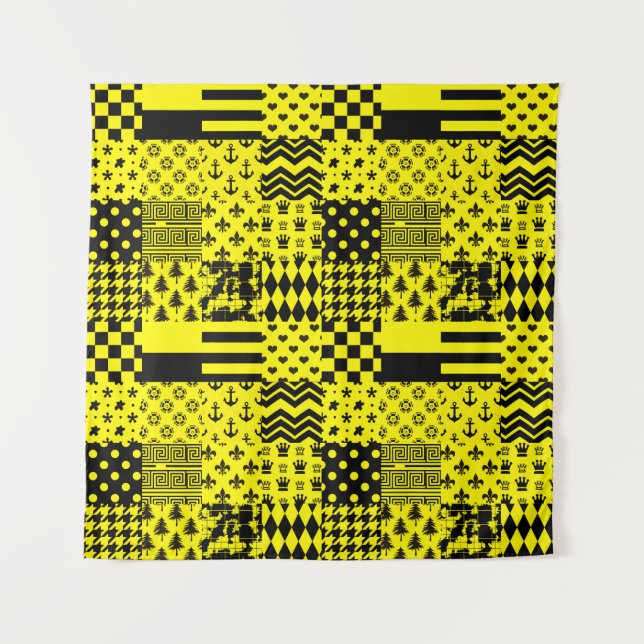 Yellow Black Mixed Patterns Patchwork Design  Tapestry (Front)