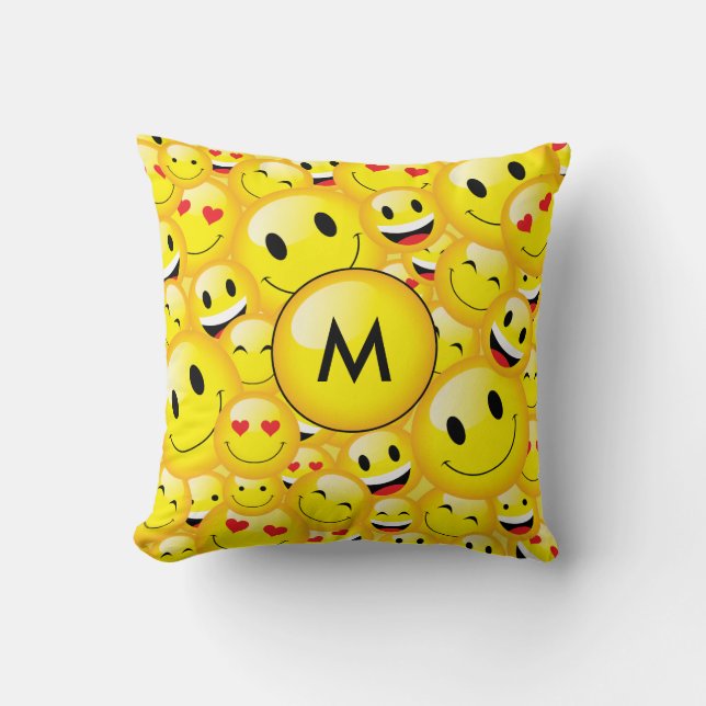 Yellow Black Monogram Emoji Faces Pattern Cushion (Front)