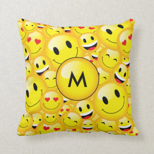 Yellow Black Monogram Emoji Faces Pattern Cushion