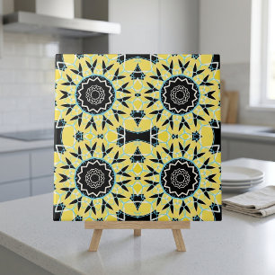 Yellow Black Mosaic Geometric Mandala Pattern Ceramic Tile