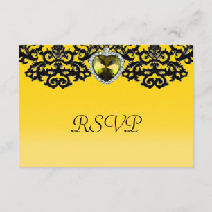 Yellow & Black Ornate Heart Pendant Wedding RSVP Card