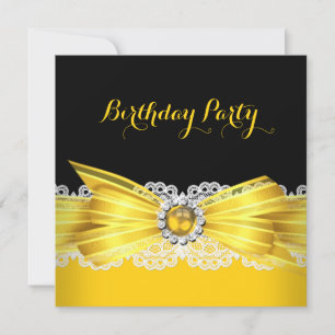 Yellow Black Pearl Diamond Lace Birthday Party Invitation