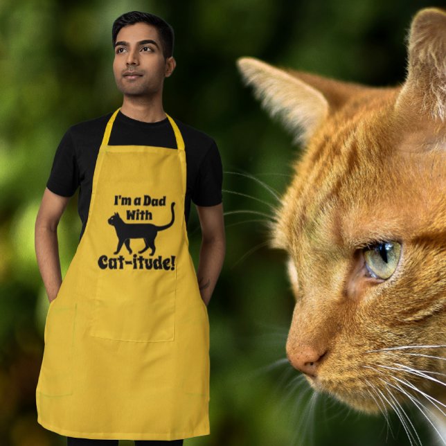 Yellow Black Personalised Dad With Cat-itude  Long Apron (Does your dad love cats? Personalize with your own message!)