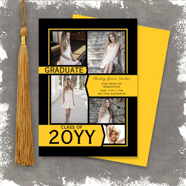 Yellow & Black Photo Collage Class of Graduation Announcement (Creator Uploaded)