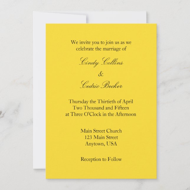 Yellow Black Plain Simple Wedding Invitation (Front)