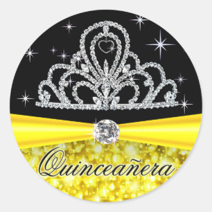 Yellow Black Princess Tiara Quinceanera Bling Classic Round Sticker