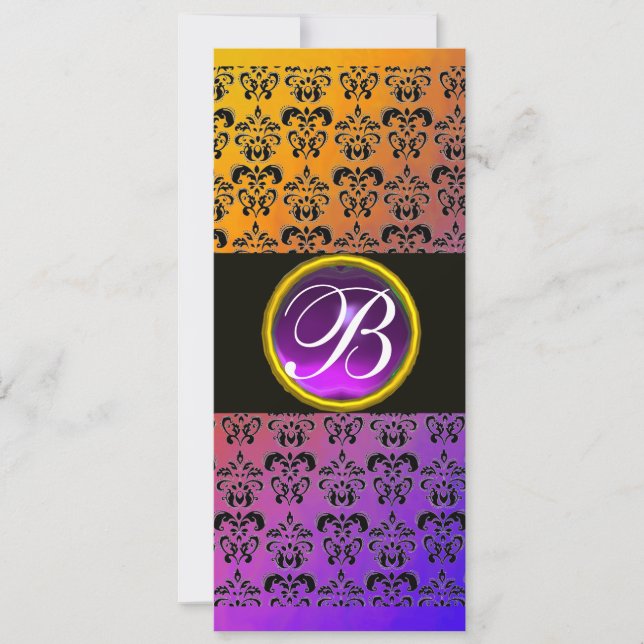 YELLOW BLACK PURPLE DAMASK AMETHYST MONOGRAM INVITATION (Front)