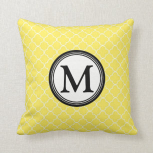 Yellow Black Quatrefoil Monogram Decorative Pillow