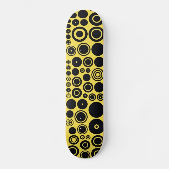 Yellow, Black Retro Circles Pattern Skateboard (Front)