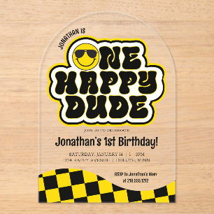 Yellow Black Retro One Happy Dude 1st Birthday Acrylic Invitations