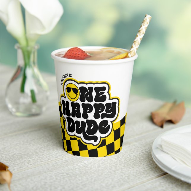 Yellow Black Retro One Happy Dude 1st Birthday Paper Cups (Insitu)