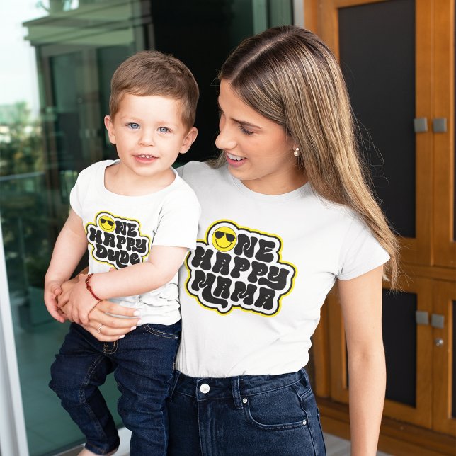 Yellow Black Retro One Happy Mama T-Shirt (Creator Uploaded)