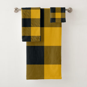 Yellow Black Rustic Buffalo Plaid Chequered Checks Bath Towel Set