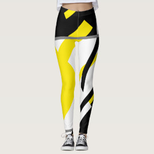 Yellow, Black Shapes on White Abstract Design Leggings